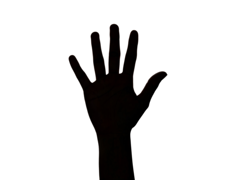 An open human hand extends with fingers spread, creating a striking silhouette.