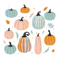 Simple colorful set of hand drawn pumpkins in bed tones. Different shapes and sizes of pumpkins create a cozy and cheerful feeling of the fall season. Flat design for card, pattern, banner.