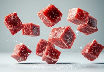 Cubes of raw beef sprinkled with salt appear to be floating against a light gray background.