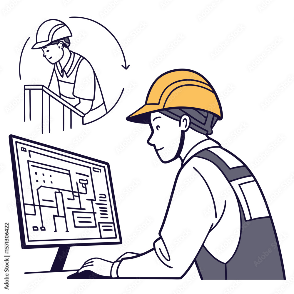 Poster construction engineer reviewing blueprint on computer