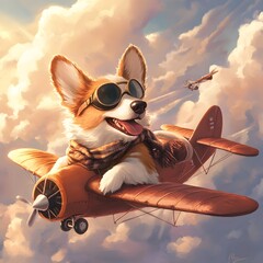 Flying High: A Brave Corgi Poses Proudly with Aviator Goggles and a Cozy Scarf, airplane in the sky