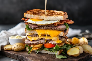 Fast food classic reimagined - an epic cheeseburger and fried potato snack. Captured in moody lighting to highlight casual dining flavor.