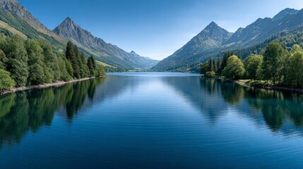 Serene sunrise at a tranquil fjord mountain reflections in a vivid blue lake nature's beauty forest surroundings