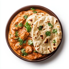 Delicious plate of creamy chicken curry with fresh naan bread.