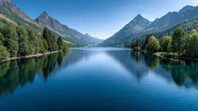 Serene sunrise at a tranquil fjord mountain reflections in a vivid blue lake nature's beauty forest surroundings