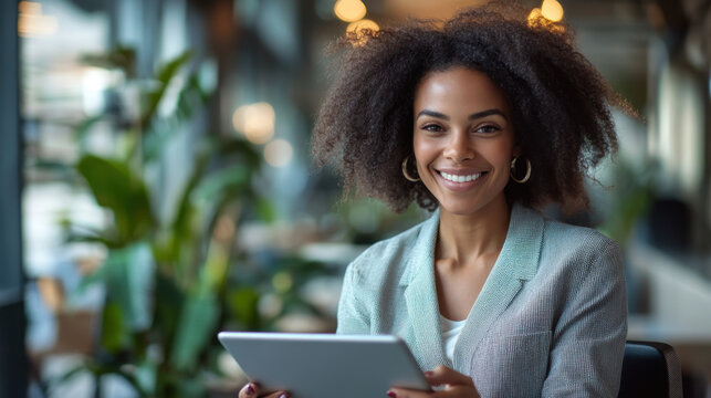 Smiling businesswoman using tablet PC at office