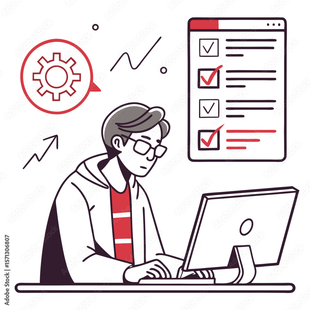 Poster focused man working on computer with checklist and settings icon
