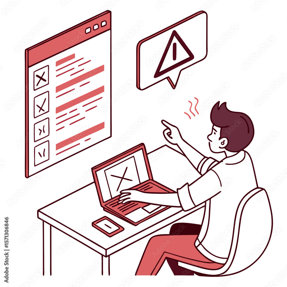 Poster frustrated man working at desk with computer error and checklist