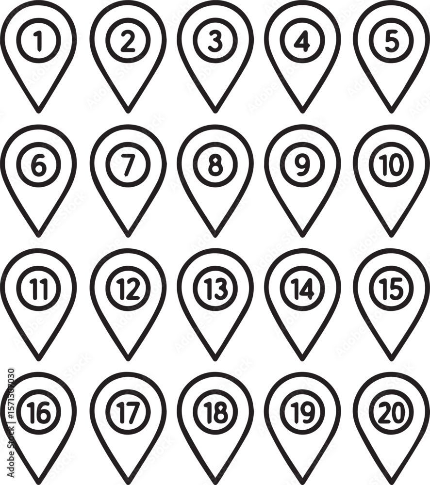 Poster location pin icons with number. map marker symbol set with 1 to 20 numbers line art vector illustrat