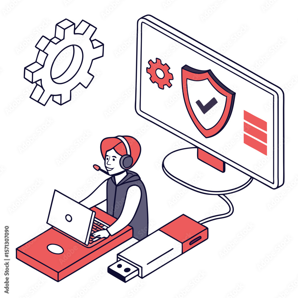 Poster isometric illustration of a technician troubleshooting a computer system