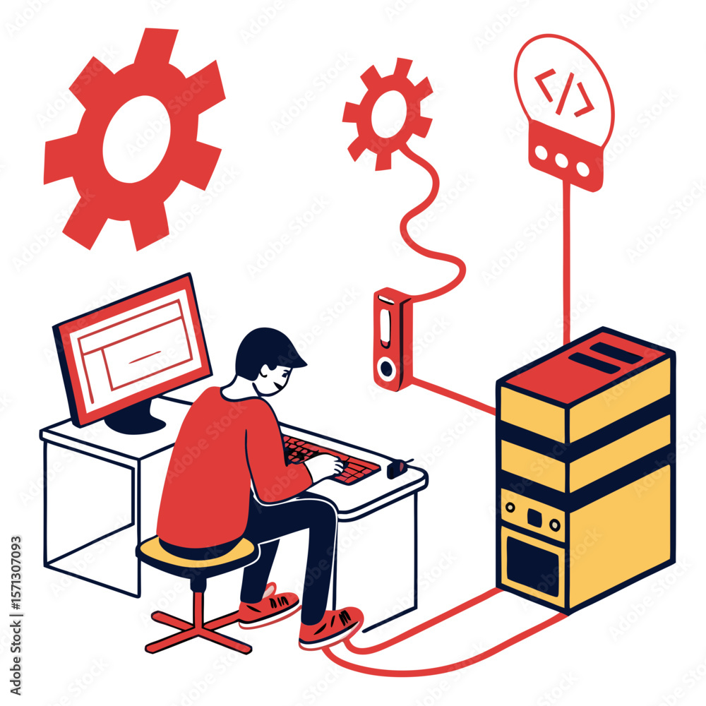 Poster isometric illustration of a programmer working at a computer