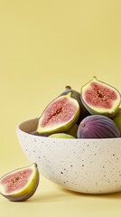 Fresh, halved and whole figs displayed in a simple bowl on a vibrant yellow backdrop. Vertical layout and clean styling emphasize organic texture, color contrast, and wholesome aesthetic appeal.