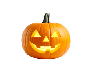 An illuminated orange pumpkin, expertly carved into a traditional smiling jack-o'-lantern, radiates a festive glow.