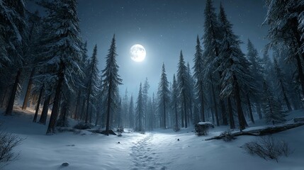 Moonlit calm snowy pine forest journey nature's serenity vivid landscape photography tranquil winter wonderland peaceful viewpoint