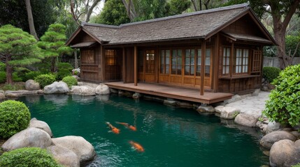 Tranquil koi pond serenity japanese garden nature scene peaceful environment early morning viewpoint calm forest mountains