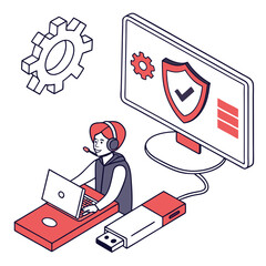 Isometric Illustration of a Technician Troubleshooting a Computer System