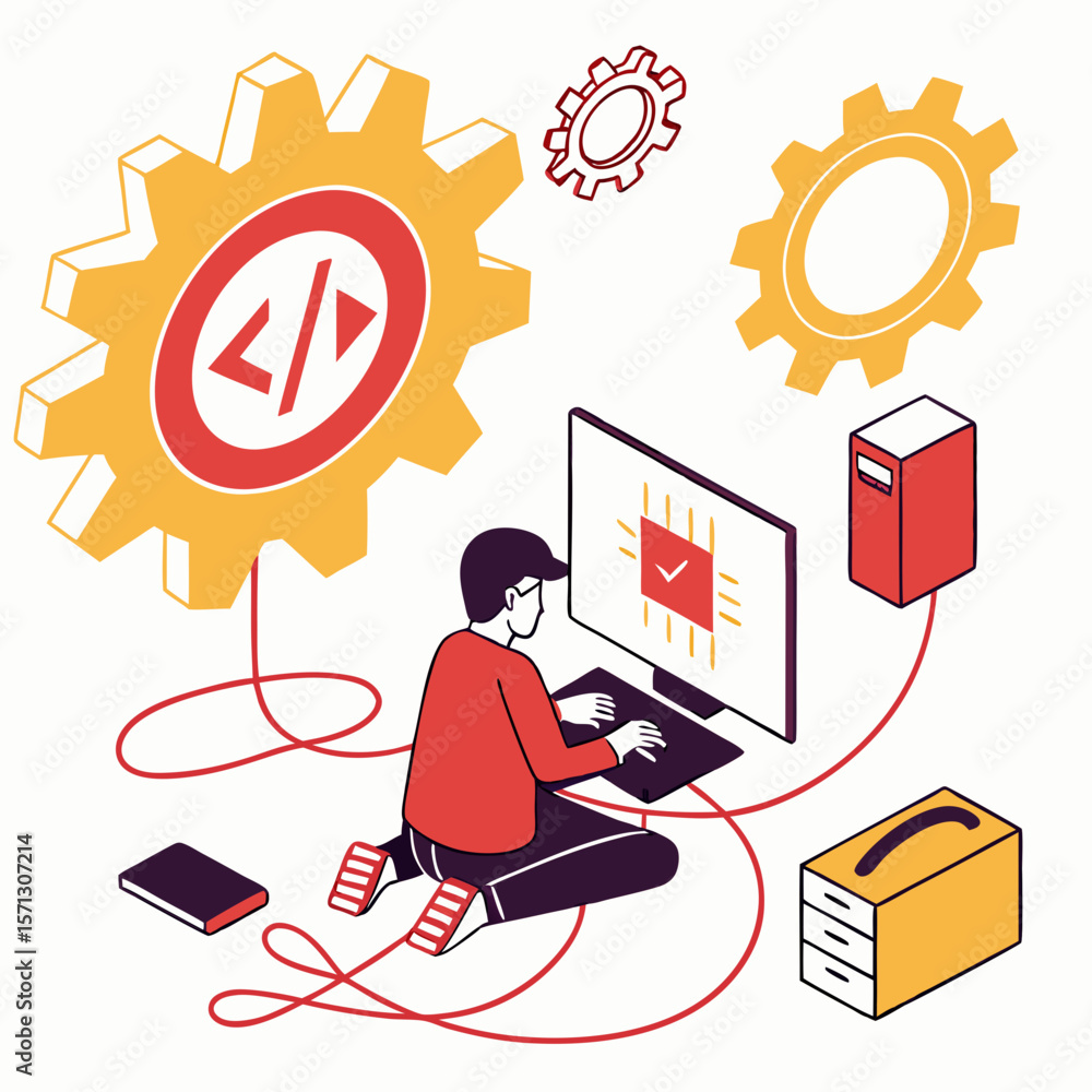 Poster isometric illustration of programmer working on computer with gears