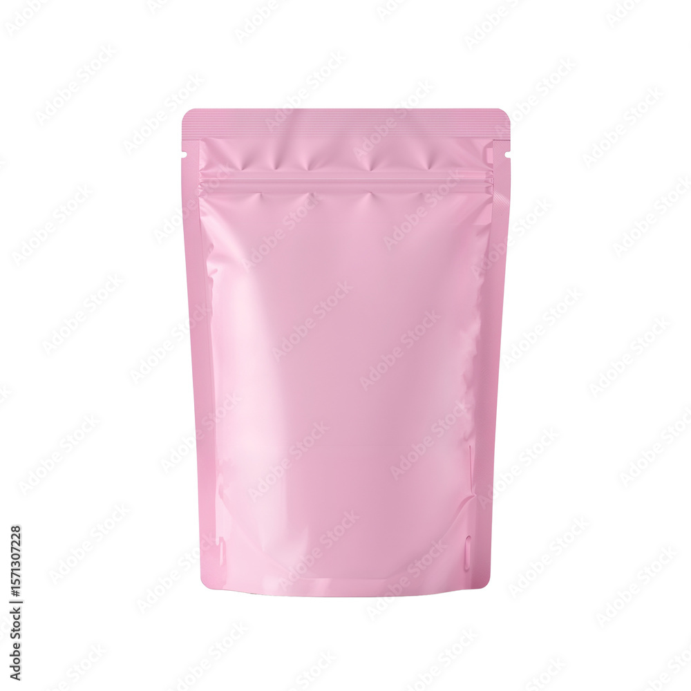 Poster minimalist presentation of a blank pink stand-up pouch with resealable zipper on an isolated setting