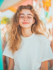 Cheerful teen girl outdoors in sunlight, eyes closed in a moment of contentment. The blurred city backdrop adds atmosphere to her relaxed, stylish pose. Blurred background, pastel colors