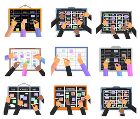 Png hand drawn schematic sticker note with scrum team project development work schedule page collaboration task plan lean flow stationery colourful method meeting

