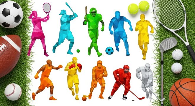 Sports illustration collection with diverse athletes on grass isolated PNG with Transparent Background