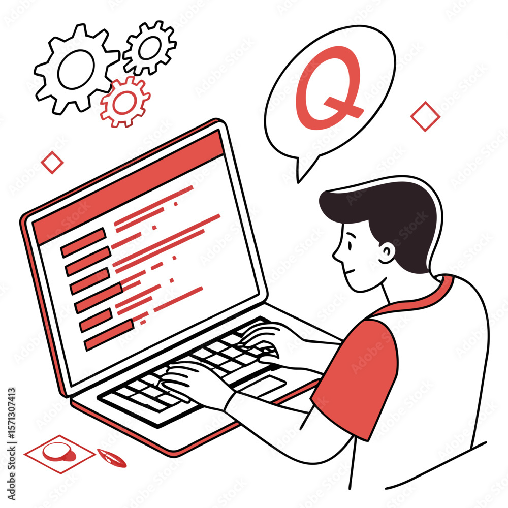 Poster man coding on laptop with red and white line art illustration