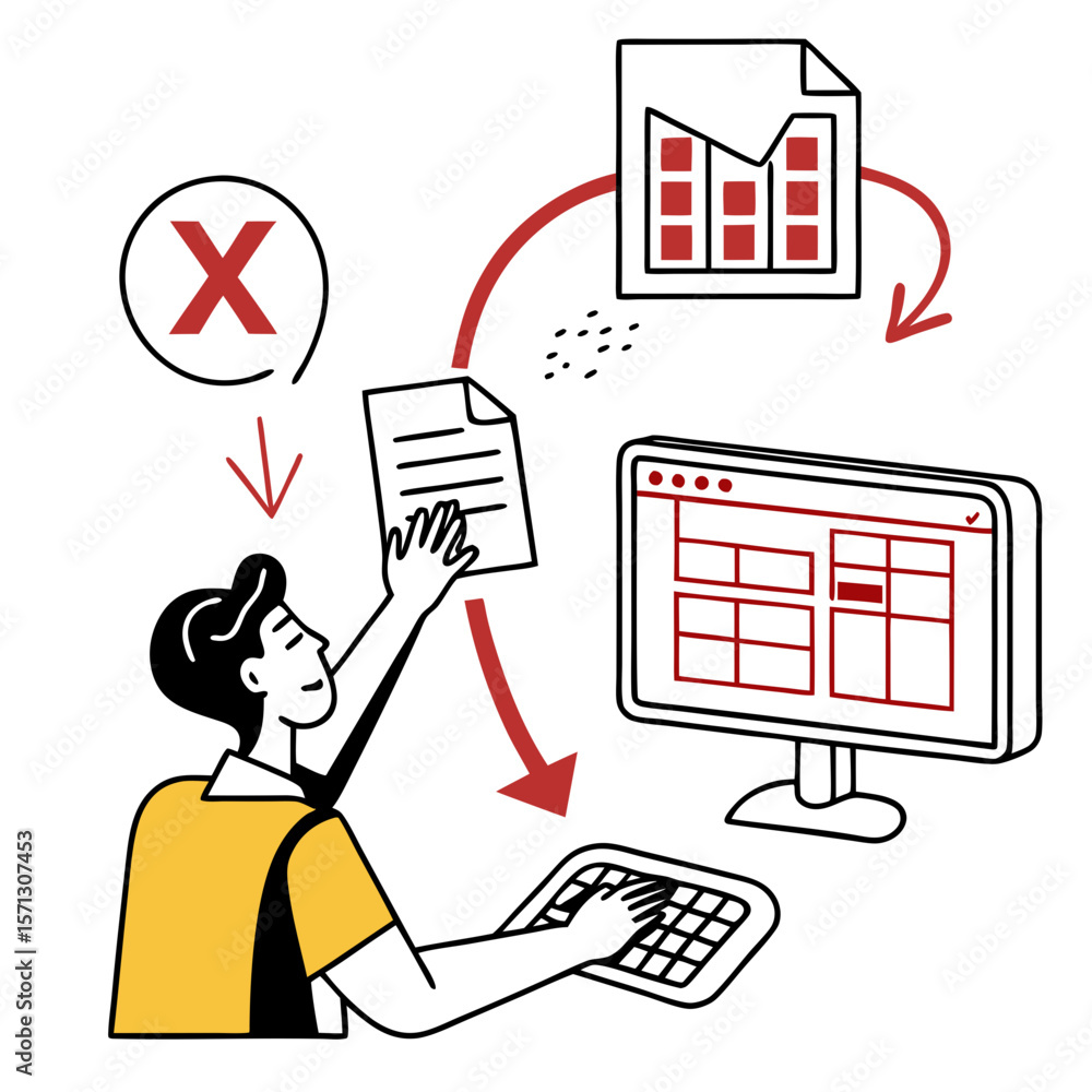 Poster man entering data into spreadsheet on computer