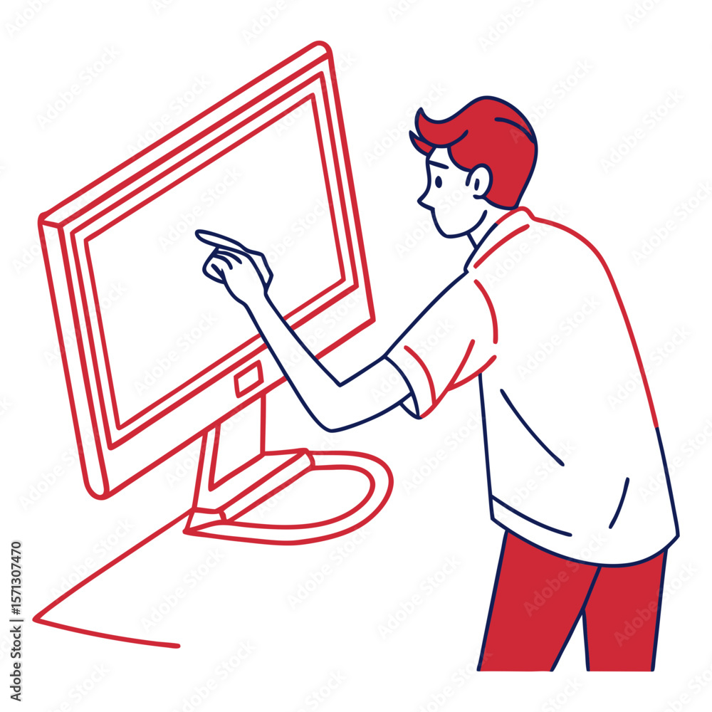 Poster man interacting with computer screen red and blue line illustration