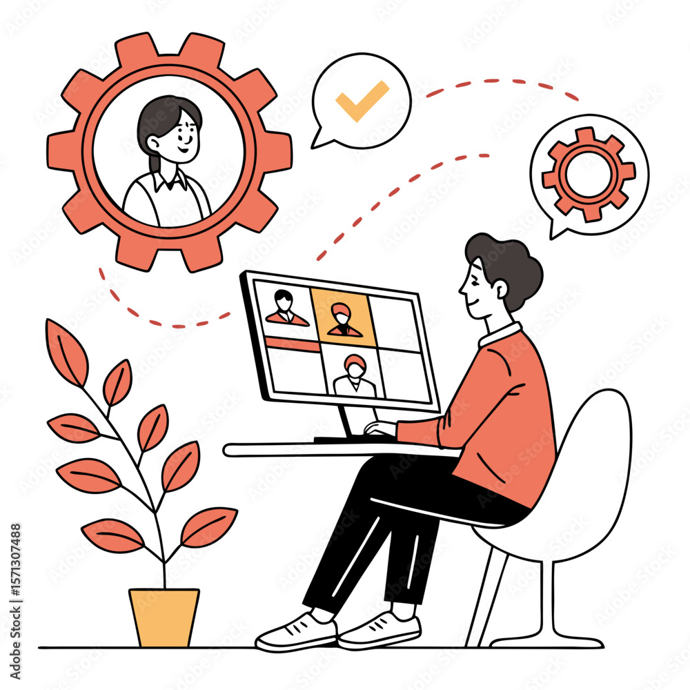 Aufkleber man in red shirt video conferencing with team on computer