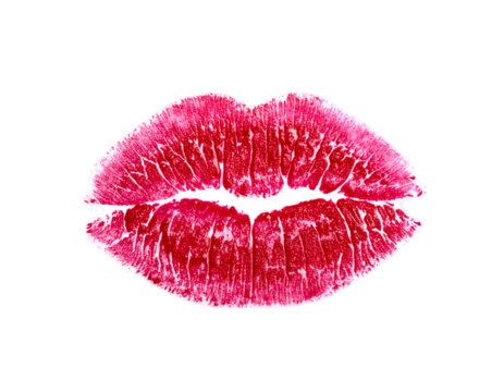 A striking scarlet lip impression showcases the unique contours of a passionate kiss.