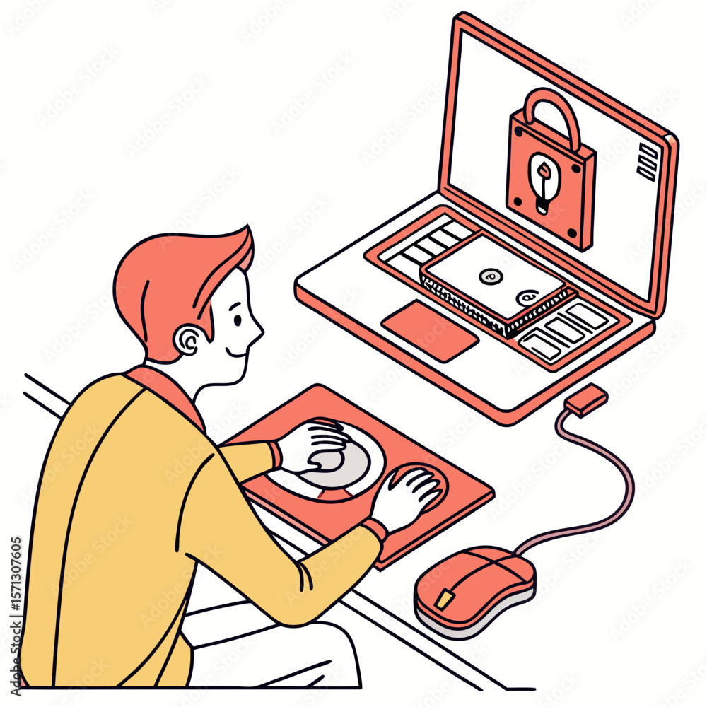 Poster man securing data on laptop using mouse and keyboard