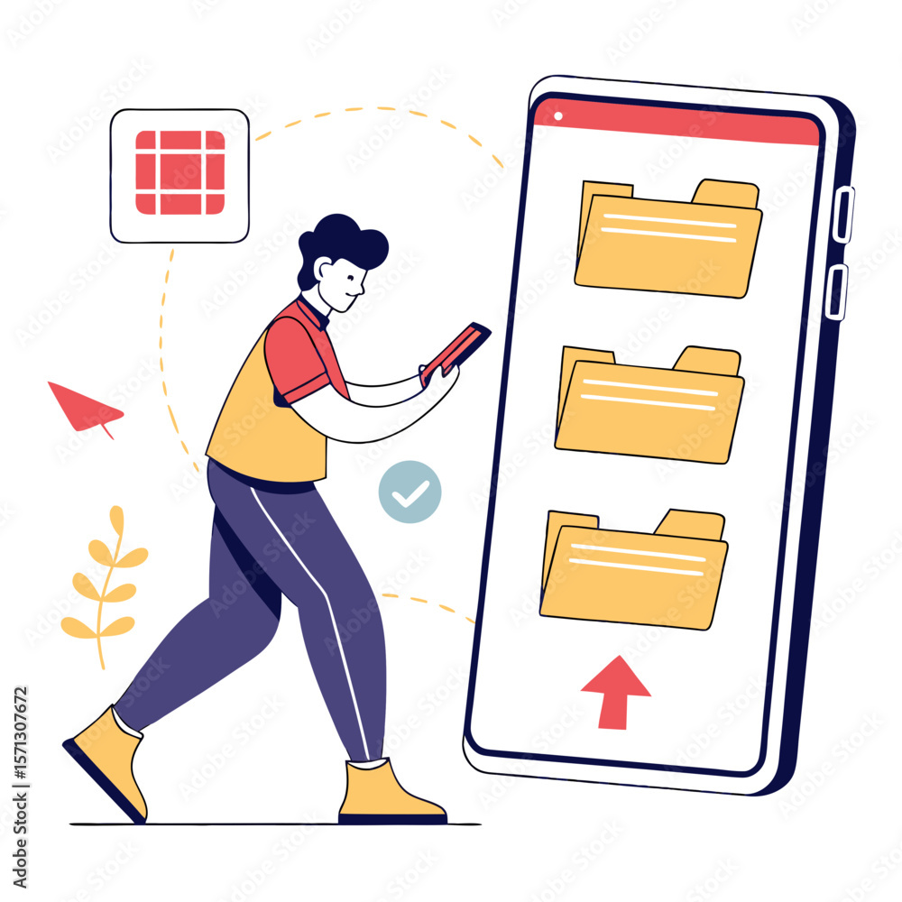 Poster man walking while using mobile app for file management
