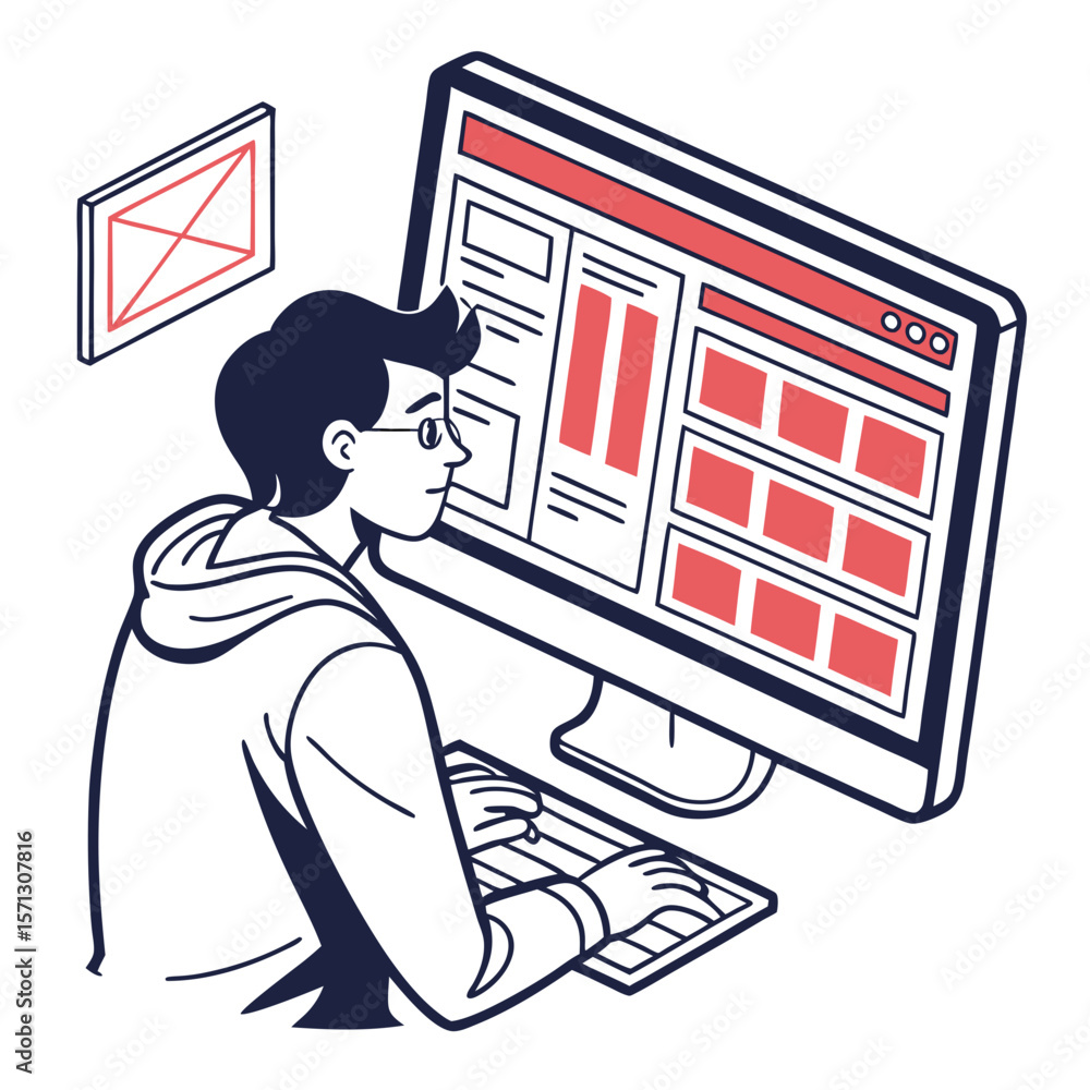 Poster man working on website design using computer isometric illustration