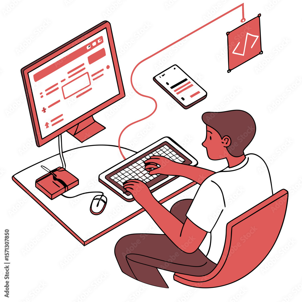 Poster person coding at desk with computer and smartphone