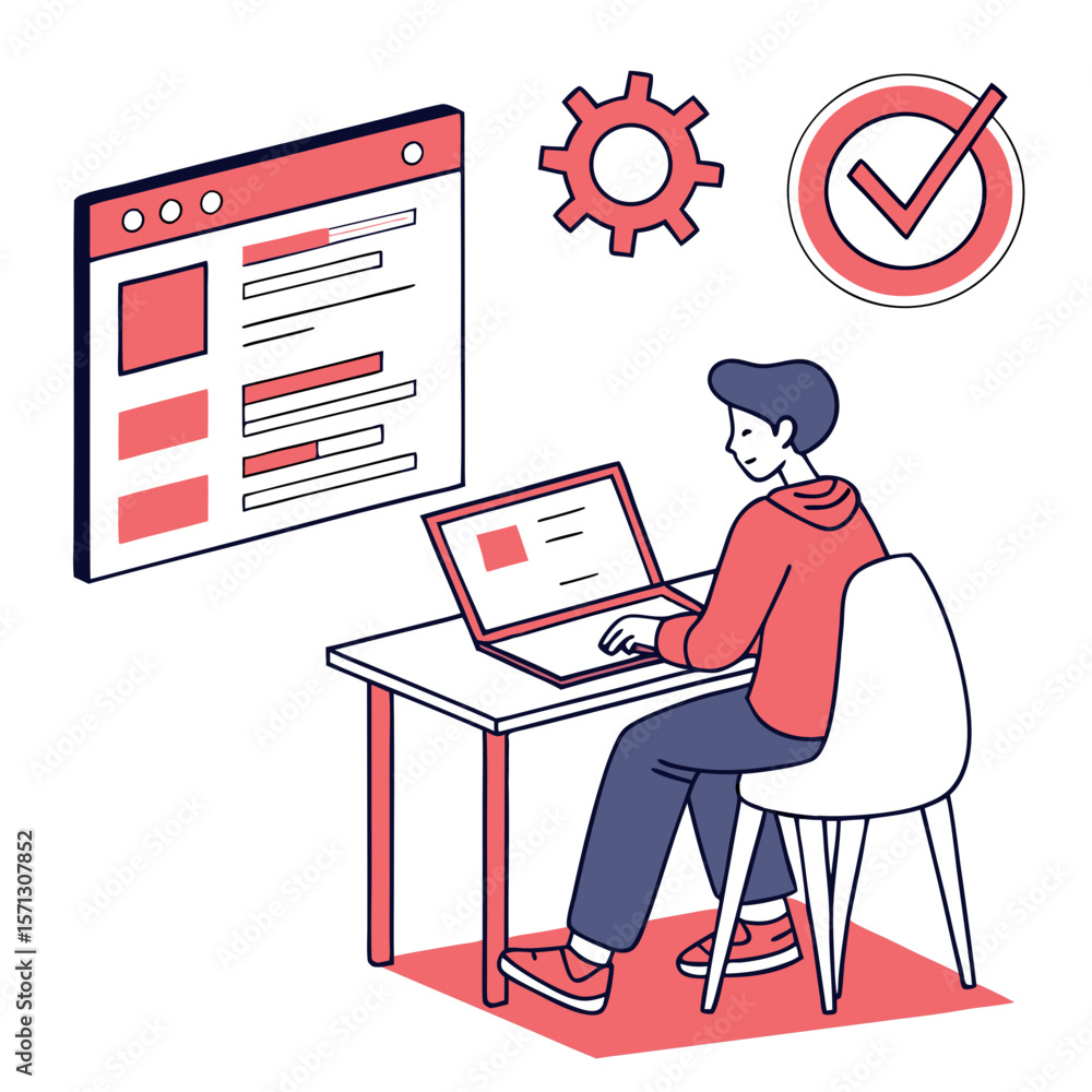 Poster man working on laptop with website design illustration