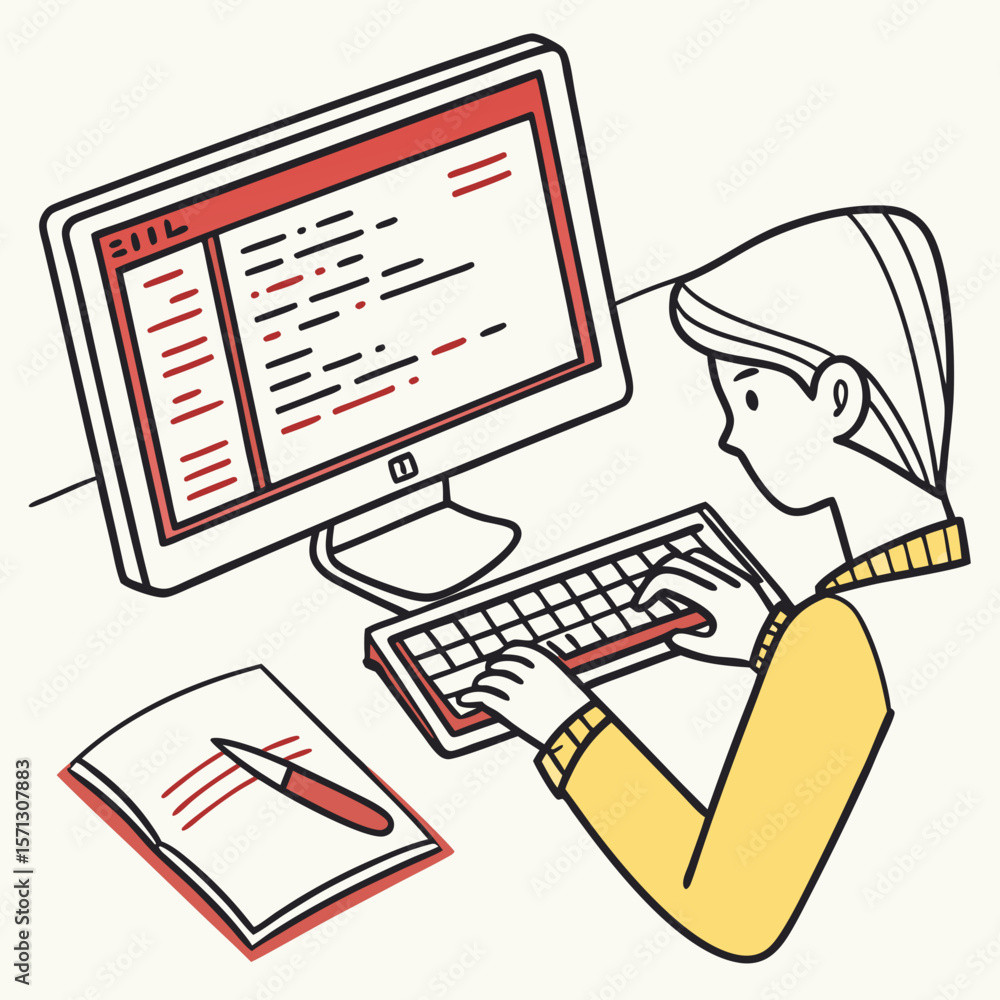 Poster person coding on computer at desk