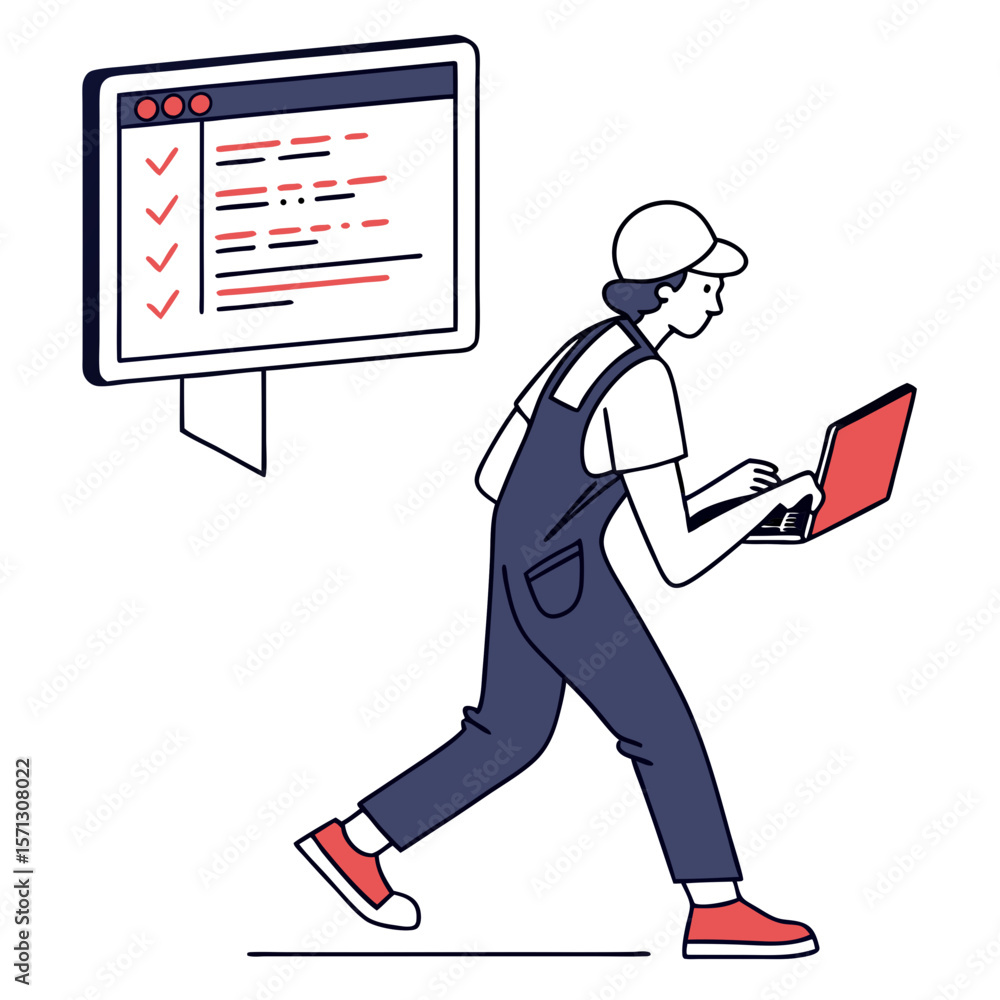 Aufkleber person in work uniform uses laptop while running towards a checklist on a screen