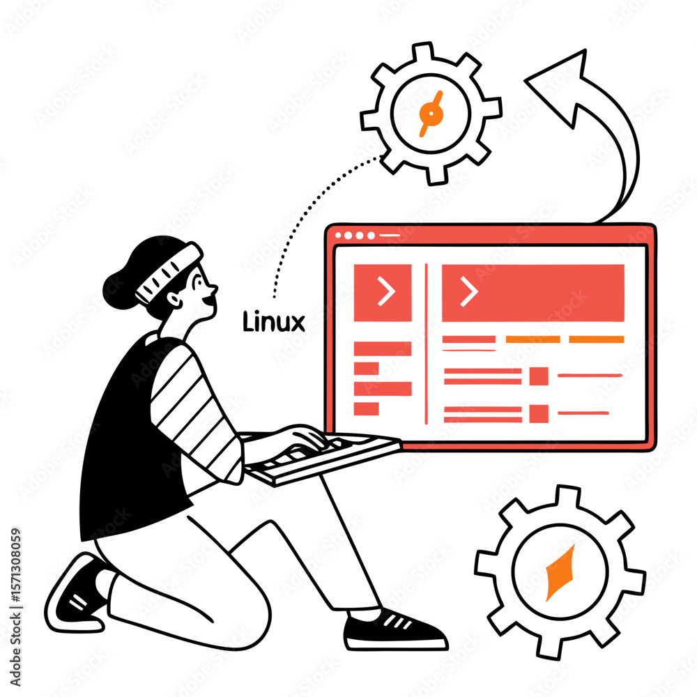 Aufkleber person kneeling while working on laptop with web development interface and gears