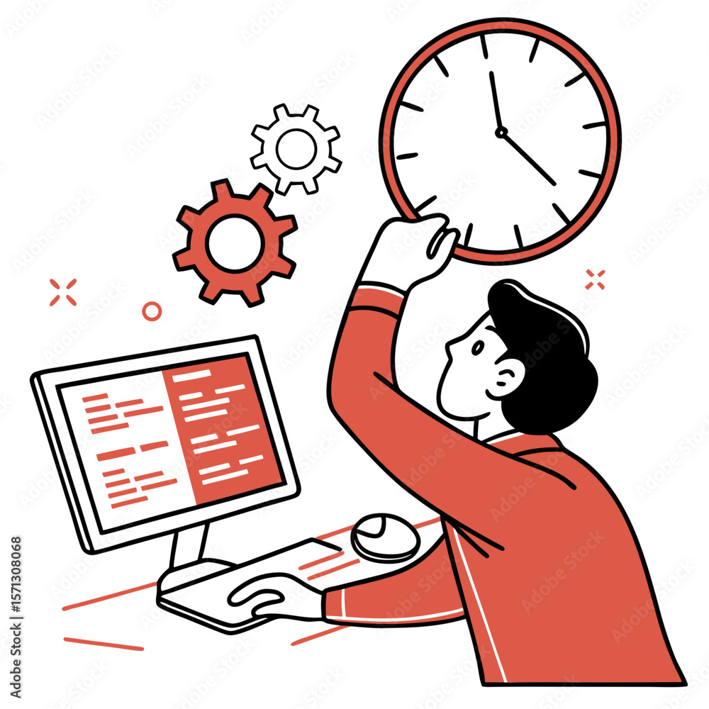 Poster person managing time while programming on computer