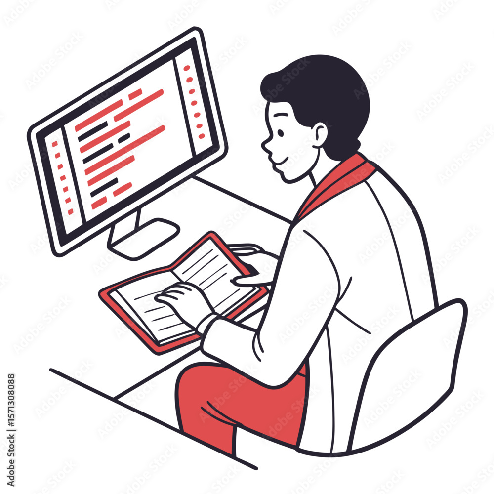 Poster person reading notebook while working at computer