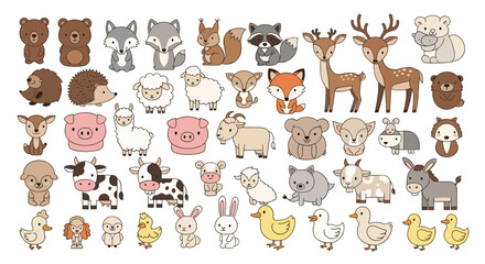 Charming pixel art forest animals and farm barnyard creatures collection