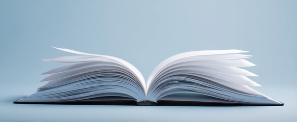 Fototapeta premium The open book with pages elegantly fanned against a soft blue backdrop.