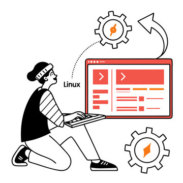 Person Kneeling While Working on Laptop with Web Development Interface and Gears