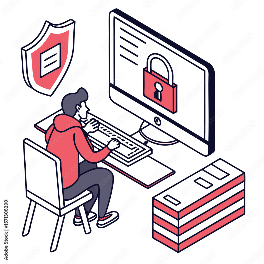 Poster person working at computer with security shield and lock icon