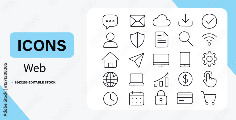 Fototapete collection of modern line art web icons for digital design and user interface elements