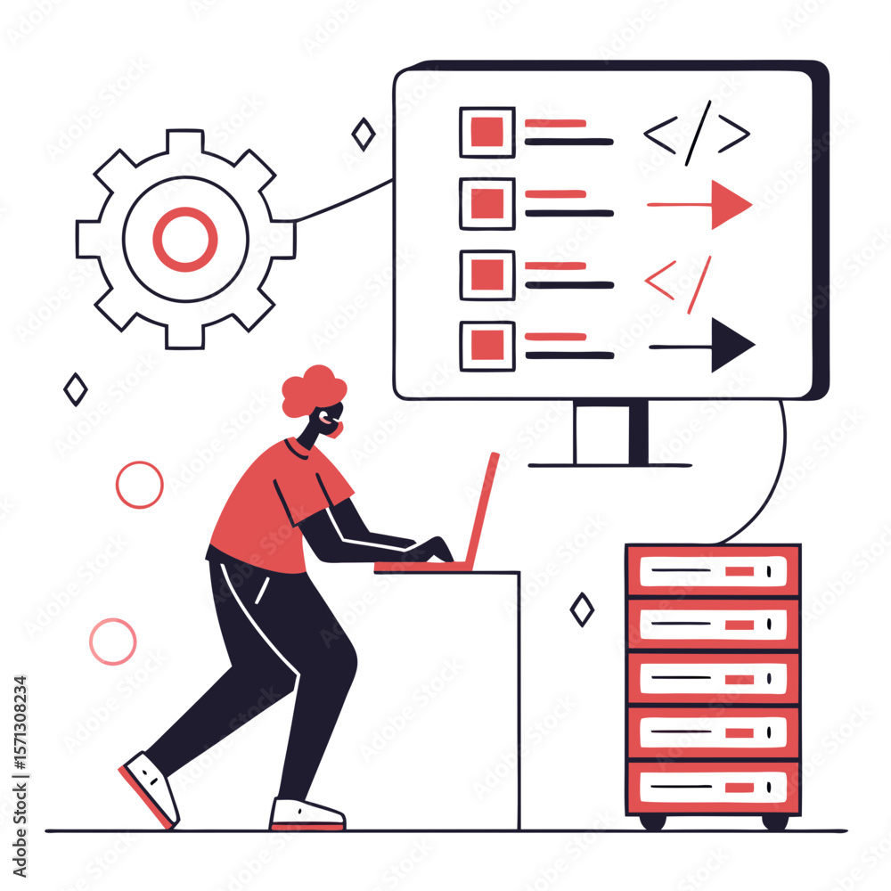 Poster person working on laptop with server and monitor showing code