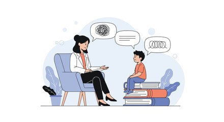 Child psychologist offers support and understanding during therapy session with young boy experiencing distress