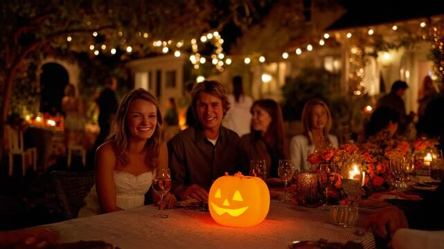 Halloween concept. A group of friends enjoys an outdoor Halloween dinner party at night, with a glowing jack-o'-lantern centerpiece and festive string lights above.