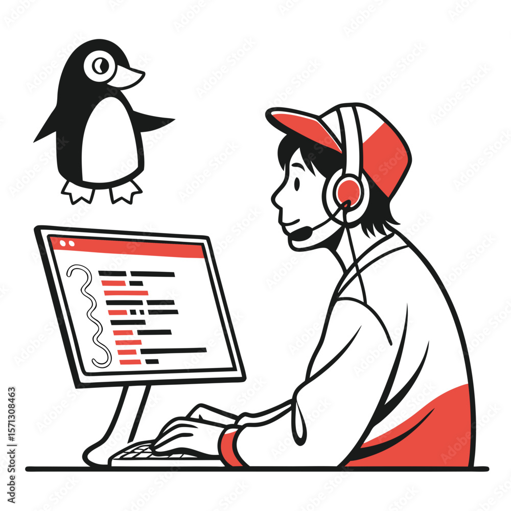 Poster smiling person with headset uses computer with a penguin illustration