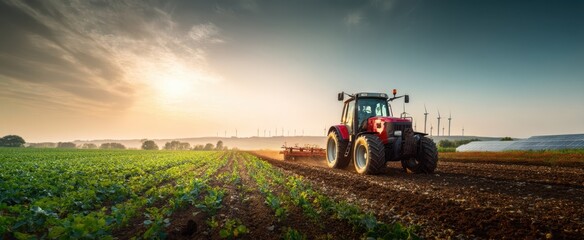 Fototapeta premium The vibrant tractor cultivating fields under a beautiful sunset in the countryside